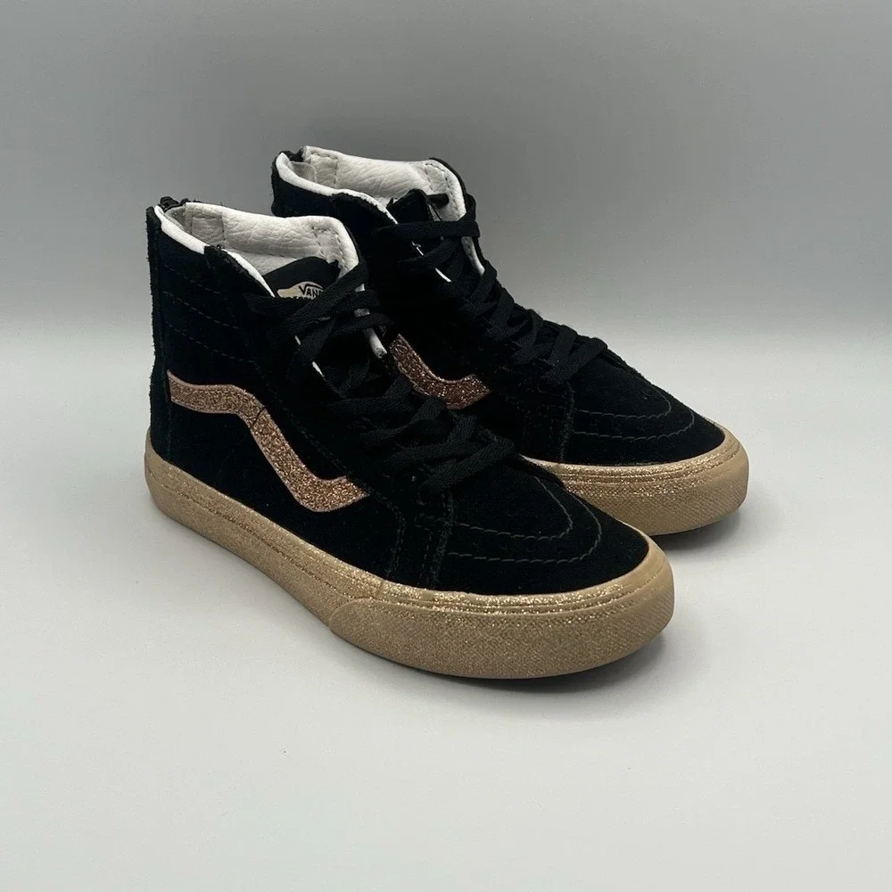 Vans Sk8-Hi Black Gold Zipper High Top Shoes - Kids Girls Size 13.5 USED